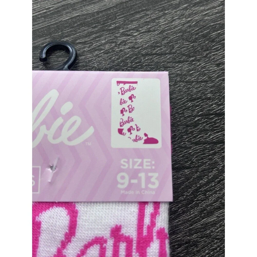 Barbie Girls Crew Socks Size 9-13 White/Pink Logo Pattern 1 Pair